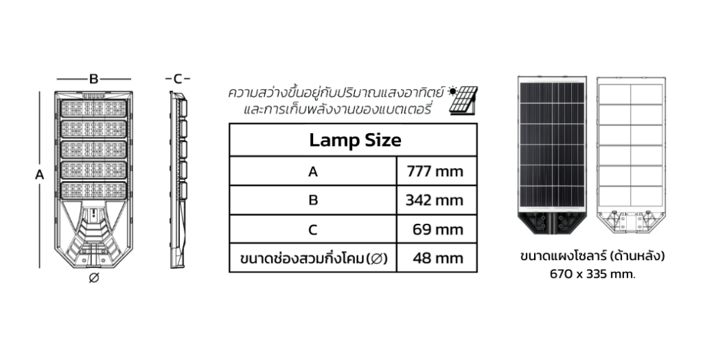 ขนาดโคมไฟถนนโซล่าเซลล์ LED ENRICH VADER 1500WLED22W