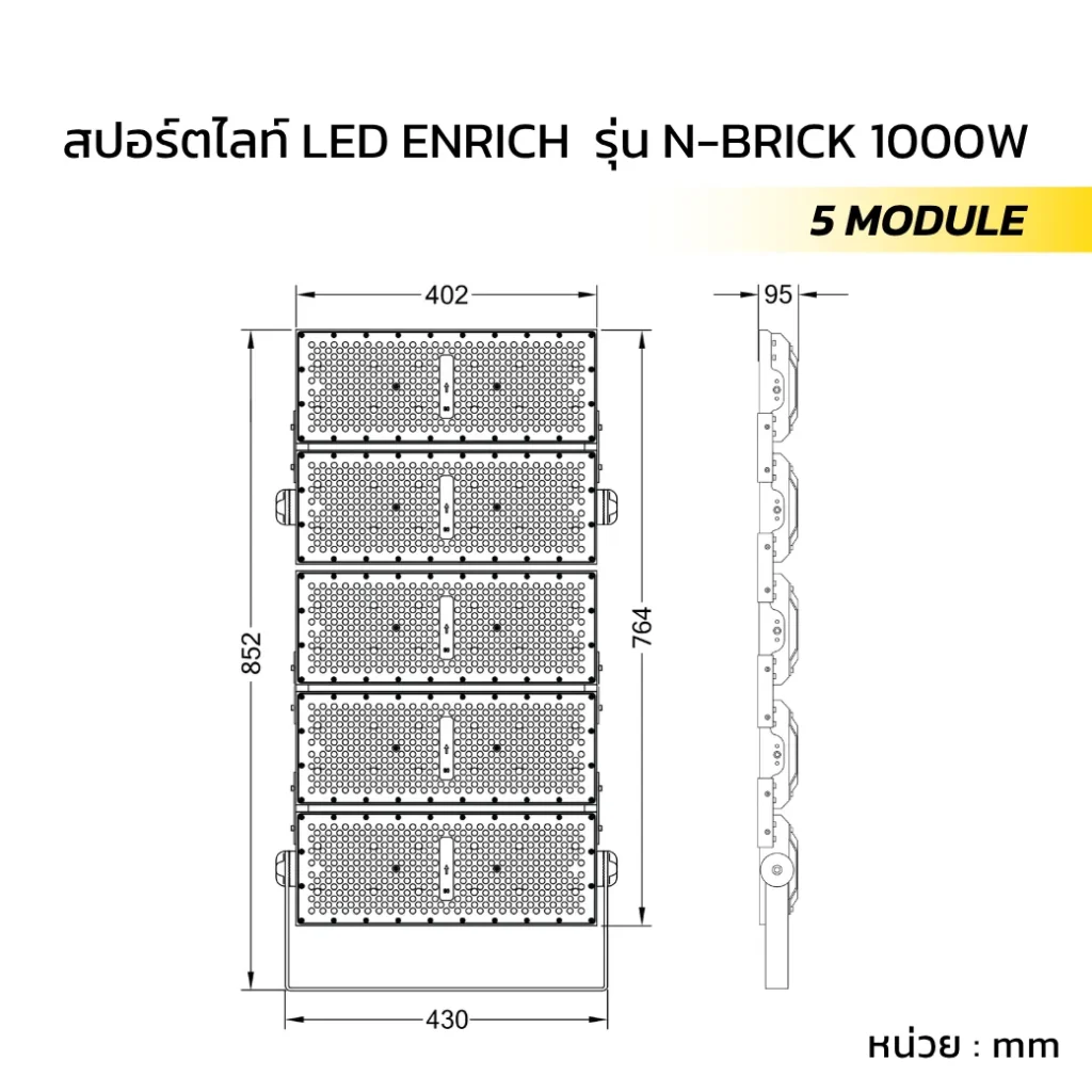 ขนาดสปอร์ตไลท์ LED ENRICH รุ่น N-BRICK 1000W MEAN WELL 5 module